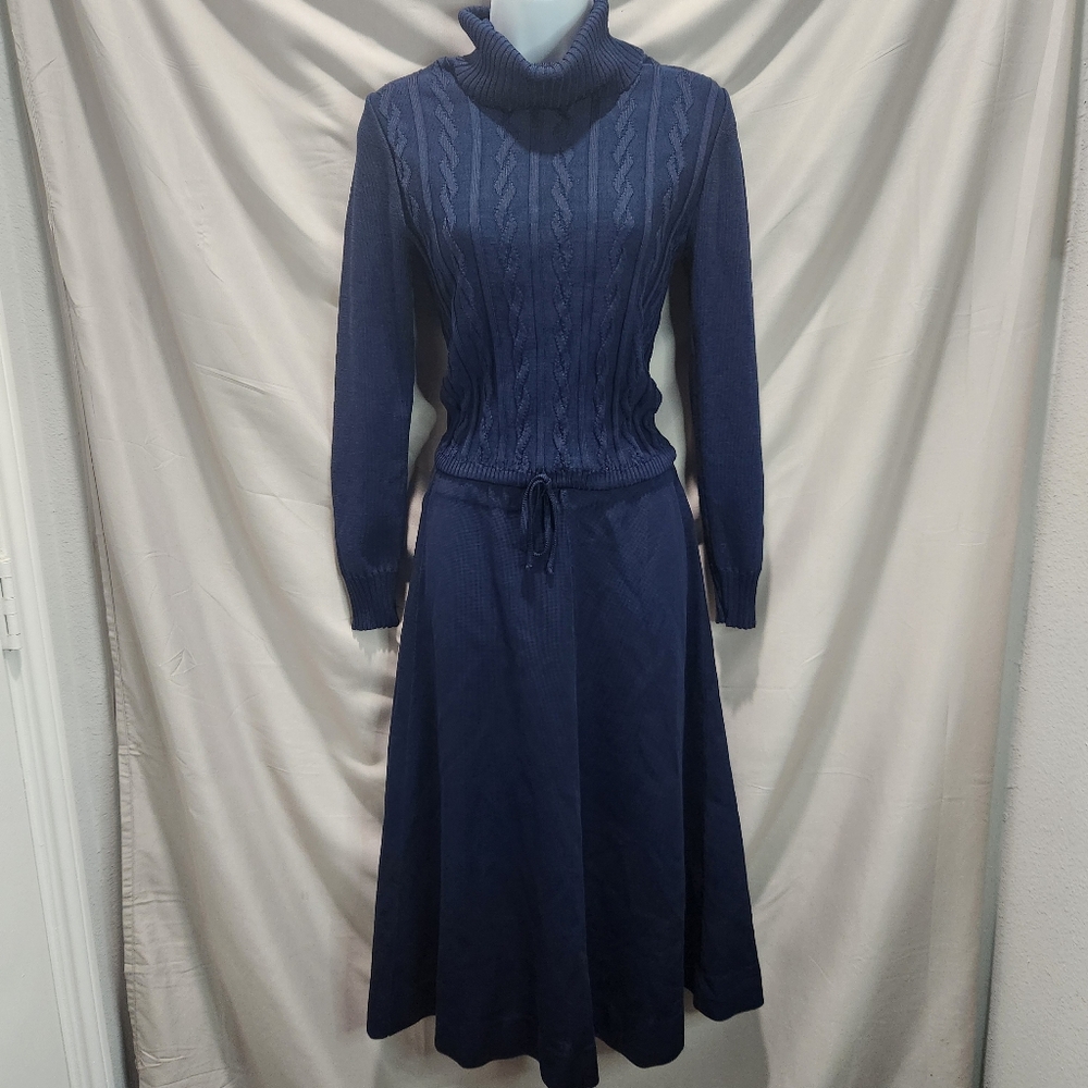 The Kollection Ltd Vintage 70s Navy Blue Turtleneck Sweater and Skirt Set